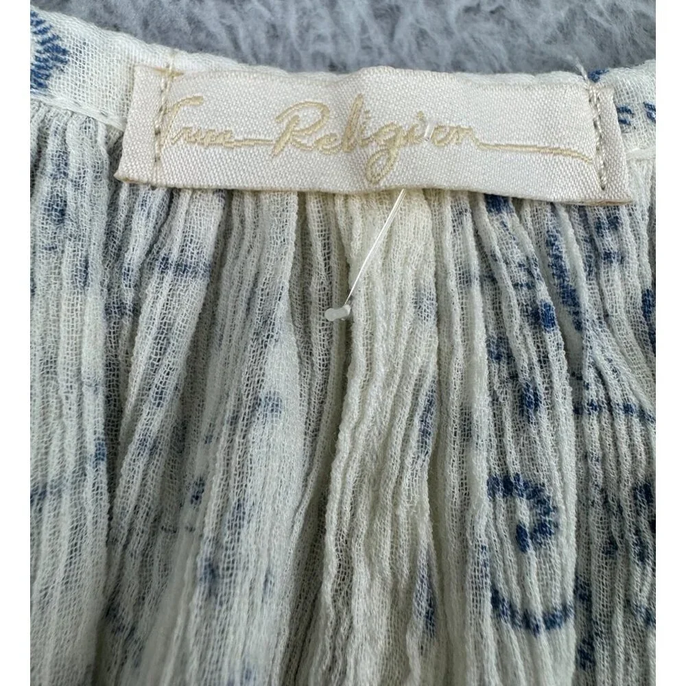 True Religion Womens Boho Top S Blue & White Trellis Print With Princess Seams - Picture 8 of 16